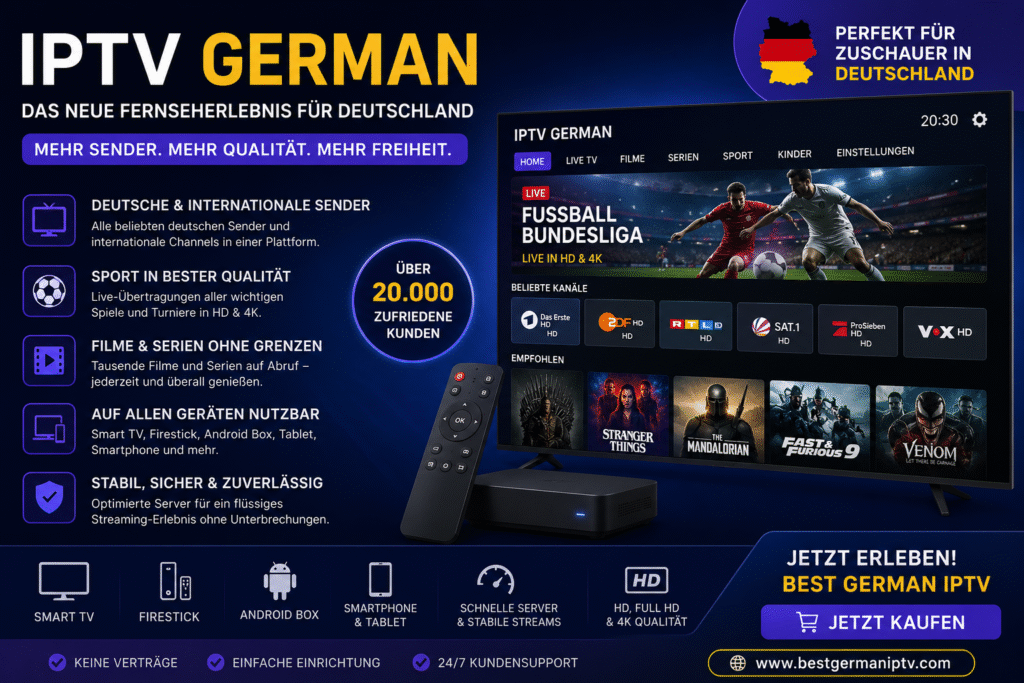 Modernes IPTV German Werbebanner mit futuristischer Streaming-Oberfläche auf einem Smart TV. Zu sehen sind Bundesliga Live-Sport, Filme, Serien und deutsche Sender in HD- und 4K-Qualität. Das IPTV German Design zeigt Kompatibilität mit Firestick, Android Box, Smart TV und Smartphone sowie modernes blaues Neon-Design mit Best German IPTV Branding