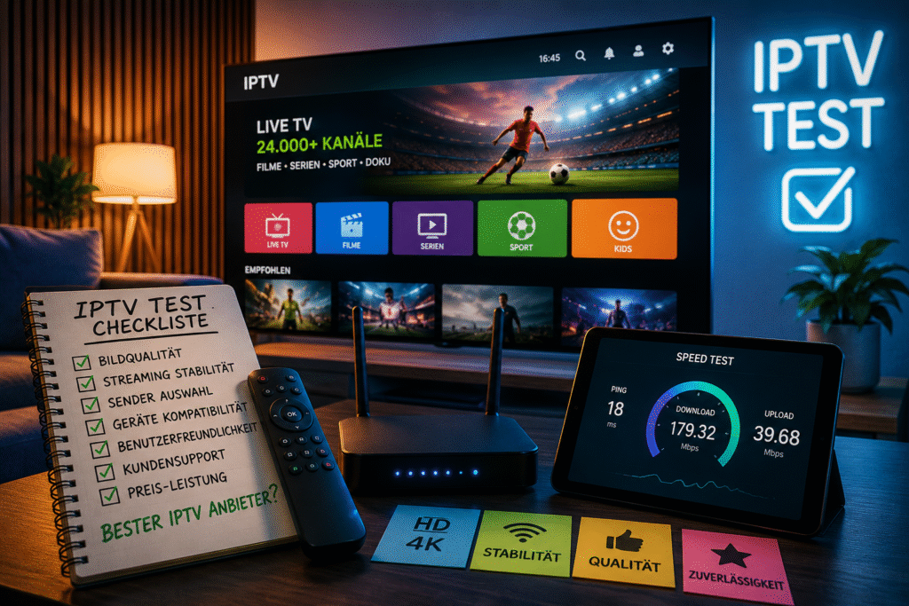 Modern IPTV Test setup in a stylish living room with a large smart TV displaying an IPTV streaming interface, speed test tablet, streaming box, remote control, and IPTV checklist notebook showing streaming quality, stability, compatibility, and 4K performance for IPTV users in Germany