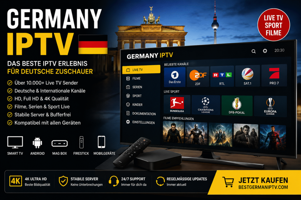 Promotional Germany IPTV banner featuring a modern smart TV interface with German TV channels, live sports, movies, and streaming categories. The design includes German landmarks, a Germany flag, HD and 4K IPTV features, multi-device compatibility icons, and a bold yellow-and-black layout advertising premium IPTV services for viewers in Germany