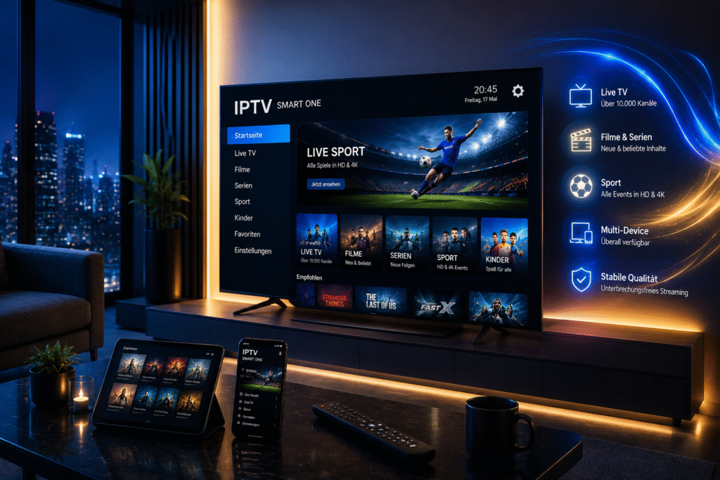 Smarte One IPTV streaming setup in a futuristic German luxury living room featuring a modern smart TV with live TV, sports, movies, and series interface, blue and gold ambient lighting, smartphone and tablet support, cinematic atmosphere, and premium multi-device IPTV entertainment technology