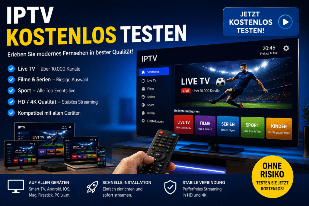 IPTV kostenlos testen promotional banner featuring a modern smart TV with live TV streaming, sports, movies, and series in HD and 4K quality. The image includes smartphone, tablet, laptop, and streaming devices on a futuristic blue background with premium IPTV entertainment and multi-device support