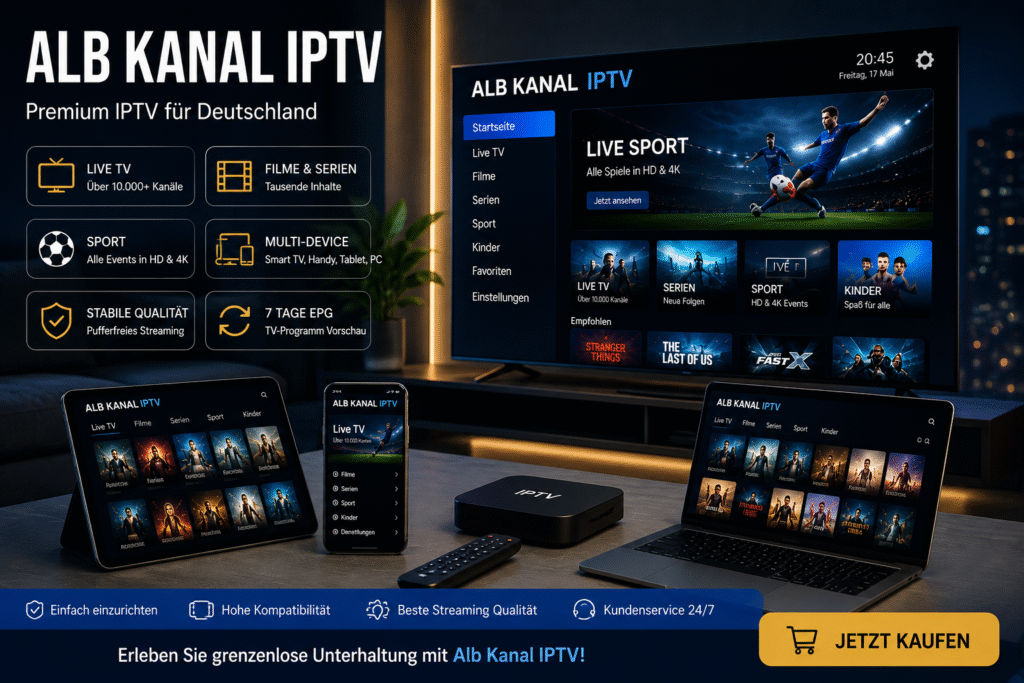 Alb Kanal IPTV streaming banner featuring a futuristic smart TV setup with live sports, movies, series, and IPTV entertainment in HD and 4K quality. The image includes smartphone, tablet, laptop, IPTV box, and modern multi-device streaming technology with blue and gold lighting in a luxury German living room.